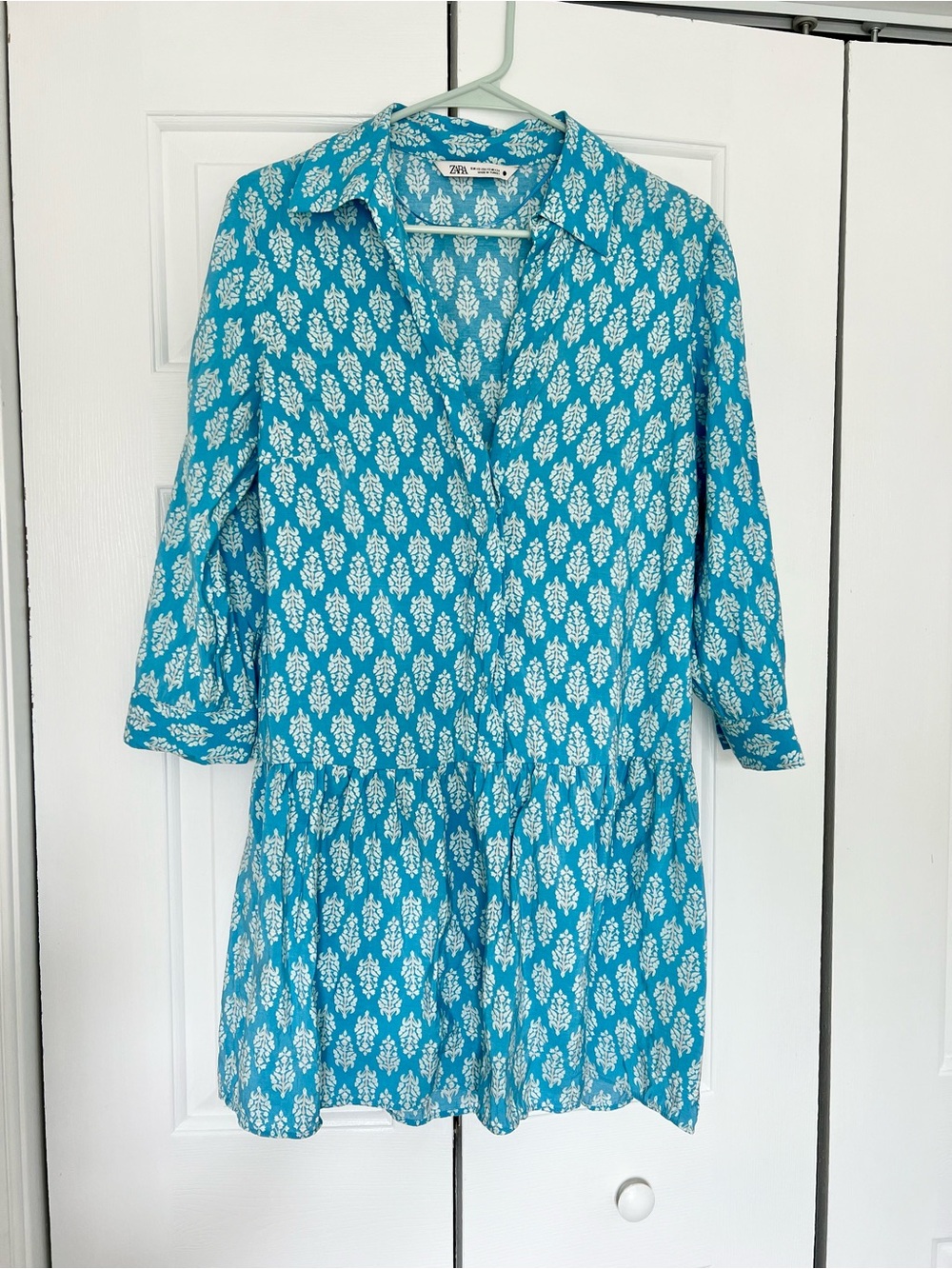 Zara Teal-Blue Printed Collared Tunic Dress